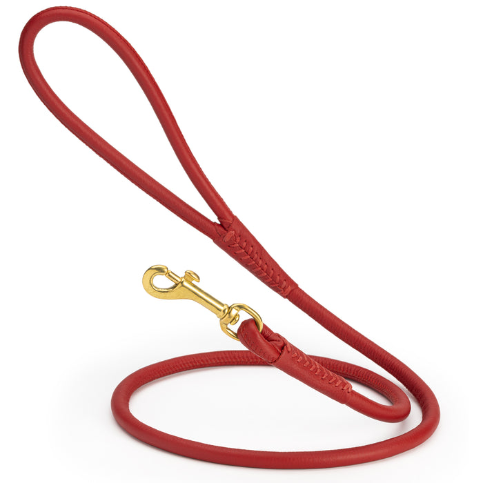 Red round leather dog leash with brass clip, width 3/8 inch