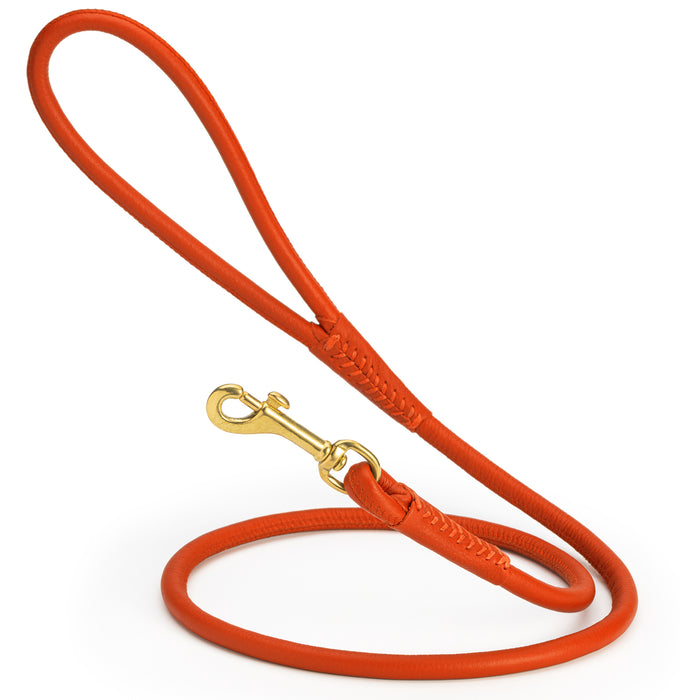 Orange round leather dog leash with brass clip, width 3/8 inch