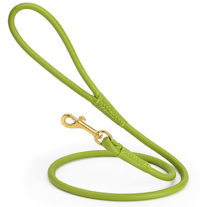 Green round leather dog leash with brass clip, width 3/8 inch