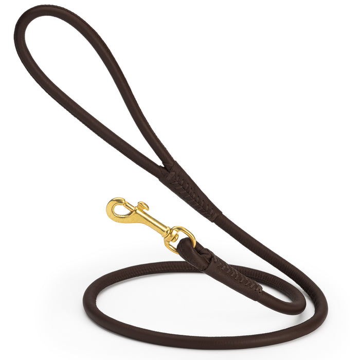 Dark Brown round leather dog leash with brass clip, width 3/8 inch