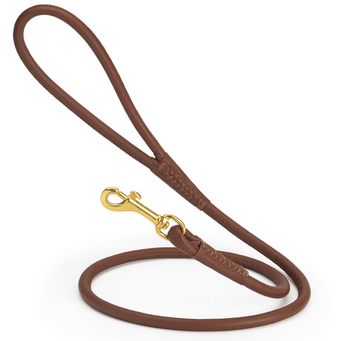 Brown round leather dog leash with brass clip, width 3/8 inch