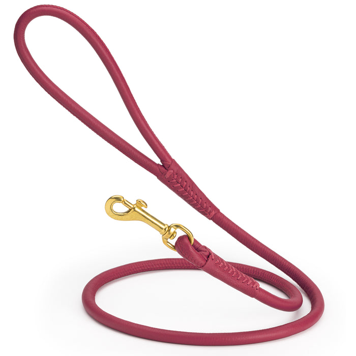 Pink round leather dog leash with brass clip, width 3/8 inch