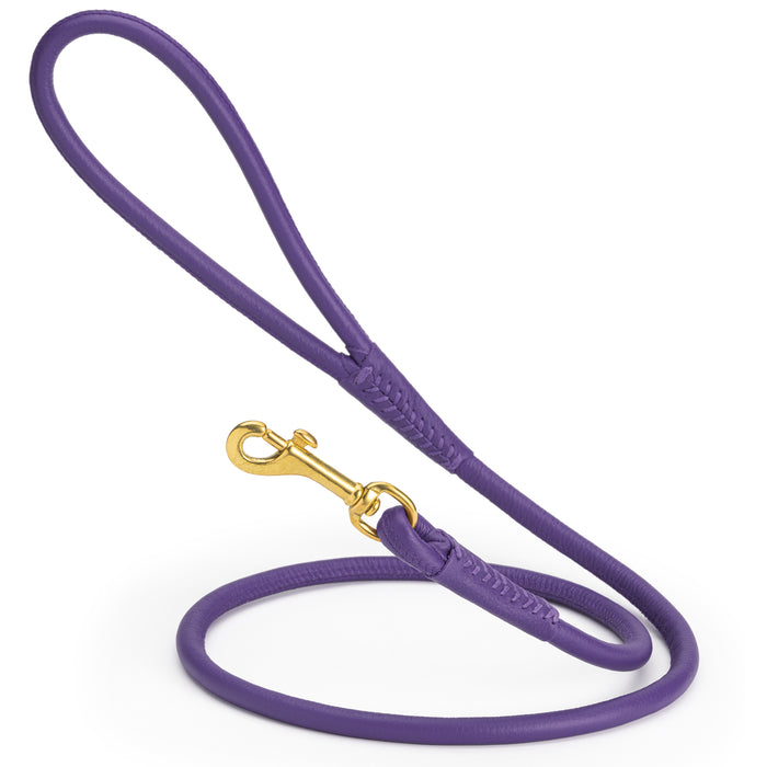 Purple round leather dog leash with brass clip, width 3/8 inch