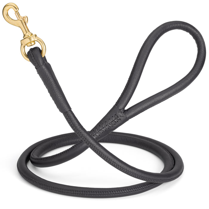Black leather dog leash with solid brass snap hook, 1/2 inch wide, rolled