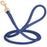 Blue leather dog leash with solid brass snap hook, 1/2 inch wide, rolled