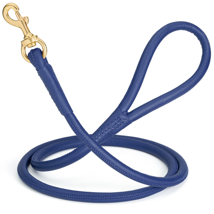 Blue leather dog leash with solid brass snap hook, 1/2 inch wide, rolled