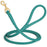 Teal leather dog leash with solid brass snap hook, 1/2 inch wide, rolled