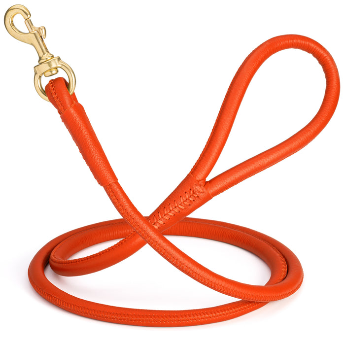 Orange leather dog leash with solid brass snap hook, 1/2 inch wide, rolled