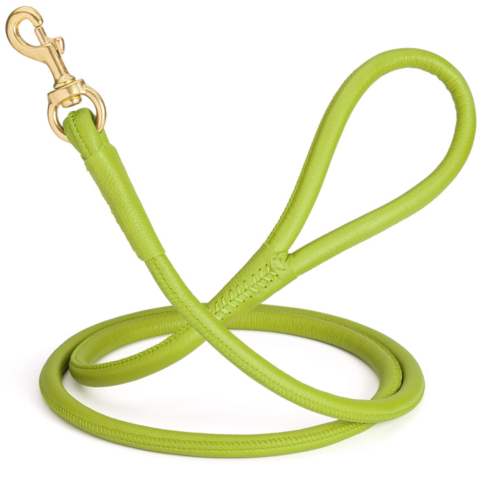 Lime Green leather dog leash with solid brass snap hook, 1/2 inch wide, rolled