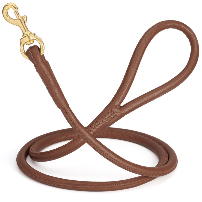 Brown leather dog leash with solid brass snap hook, 1/2 inch wide, rolled