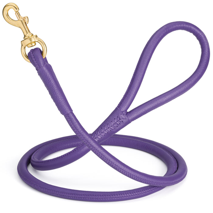 Purple leather dog leash with solid brass snap hook, 1/2 inch wide, rolled