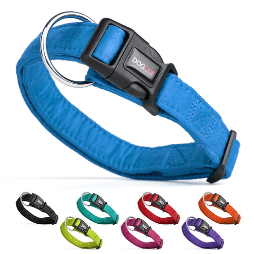 Microfiber collar for dogs with quick release buckle and metal D-ring, blue and 8 other color options