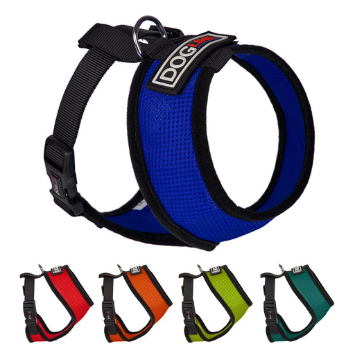 Mesh harness for dogs with adjustable strap and quick release buckle; blue, red, orange, green, teal and 3 other color options