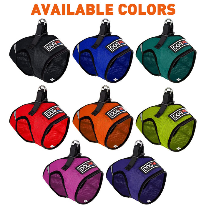 Mesh harnesses for dogs with reflective stripes and hook and loop fastener for patch attachment, 8  colors available