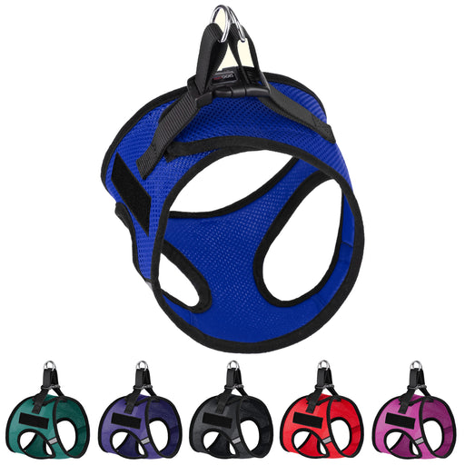 Nylon mesh harness for dogs with quick release buckle and loop backing fastener for removable patches; blue and 7 other color options