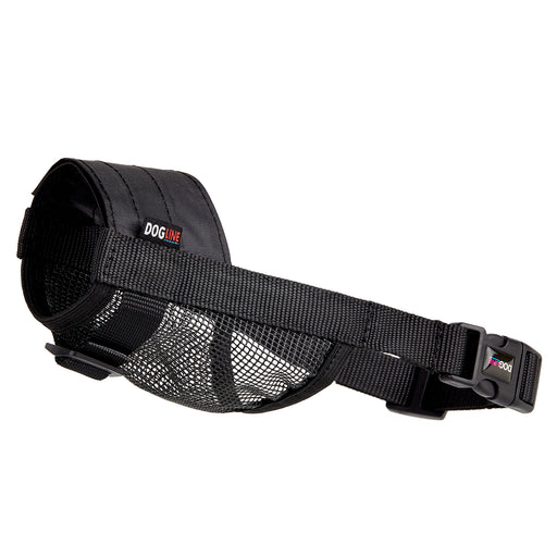 Black nylon dog muzzle with adjustable mesh snout