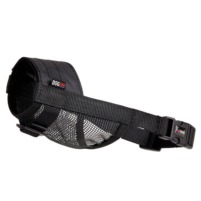 Black nylon dog muzzle with adjustable mesh snout