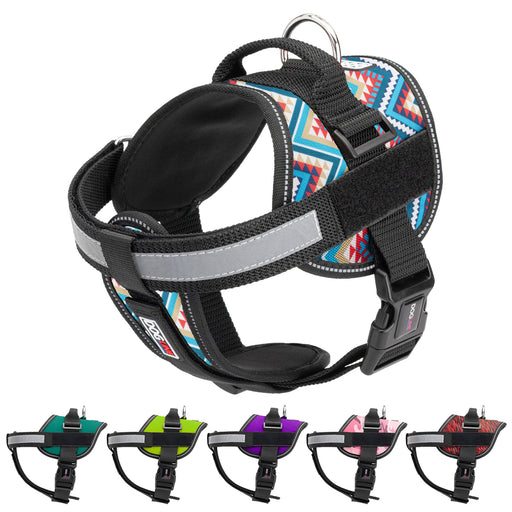 Nylon harness for dogs with removable chest plate, top handle, reflective strap and hook and loop fastener for patches; Aztec, teal, green, purple, pink camo, zebra red and 13 other color options