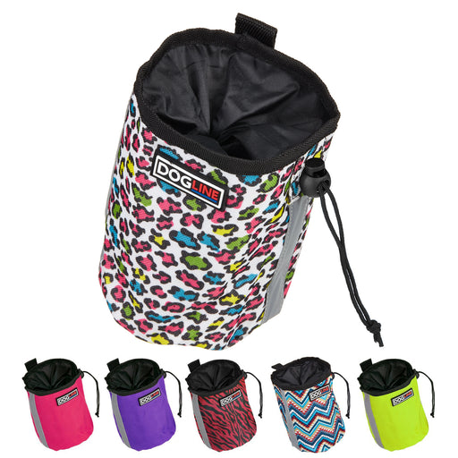 Belt treat pouch for dogs with built-in waste bag dispenser, a drawstring and reflective strip; Leopard multi-colored, pink, purple, Zebra red, Aztec, green and 13 other color options