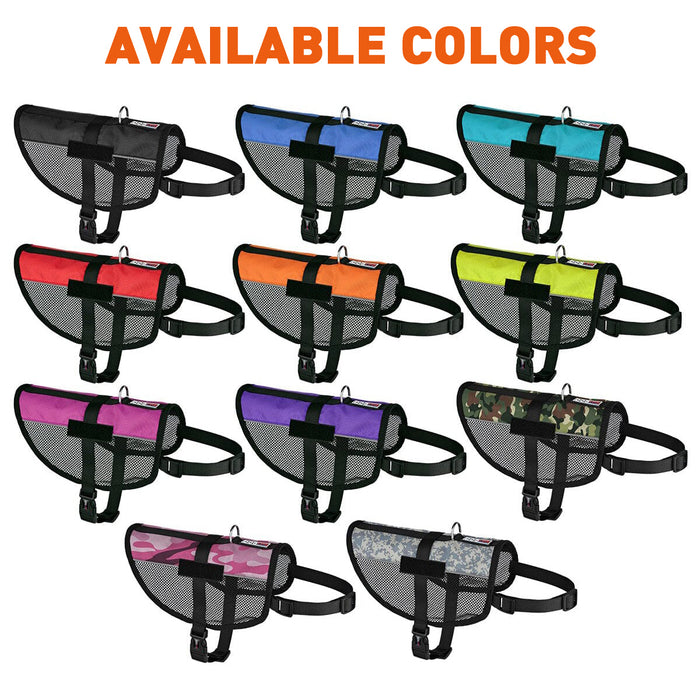 Multi-purpose mesh harness vests for dogs with adjustable straps, reflective stripes and patch loop backing, 11 colors available
