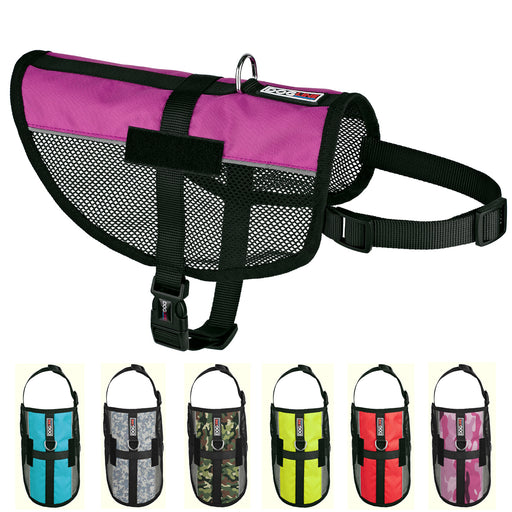Multi-purpose mesh harness vest for dogs with adjustable straps, reflective stripes and hook and loop fastener for patches; pink, teal, urban camo, green camo, lime green, red, pink camo and 4 other color options