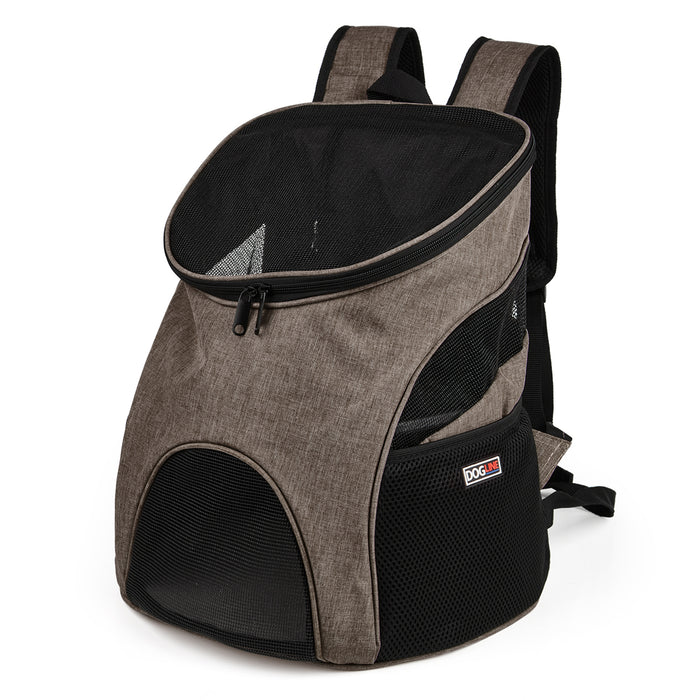 Beige pet carrier backpack with mesh top and sides