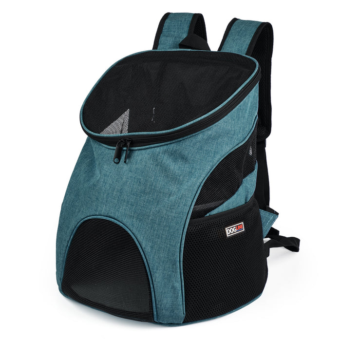Teal pet carrier backpack with mesh top and sides
