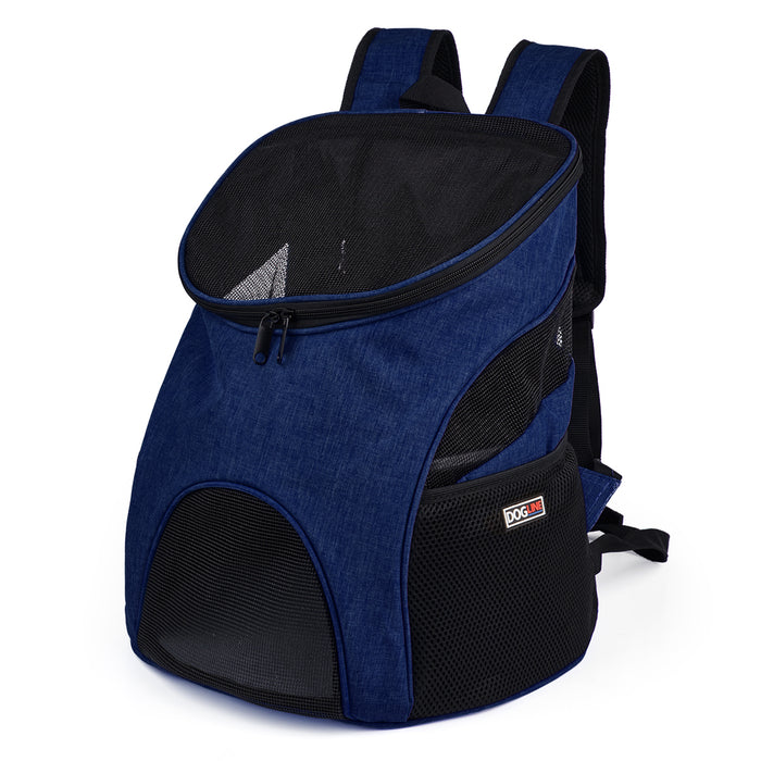 Blue pet carrier backpack with mesh top and sides