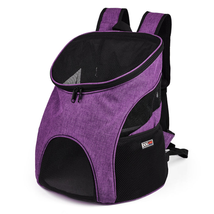 Purple pet carrier backpack with mesh top and sides