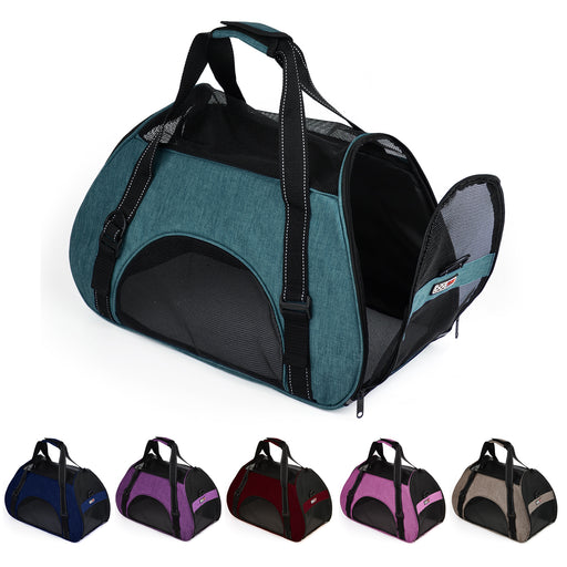 Pet carrier bag with removable shoulder strap and mesh design, airline approved; teal, blue, purple, red, pink, beige and 2 other color options