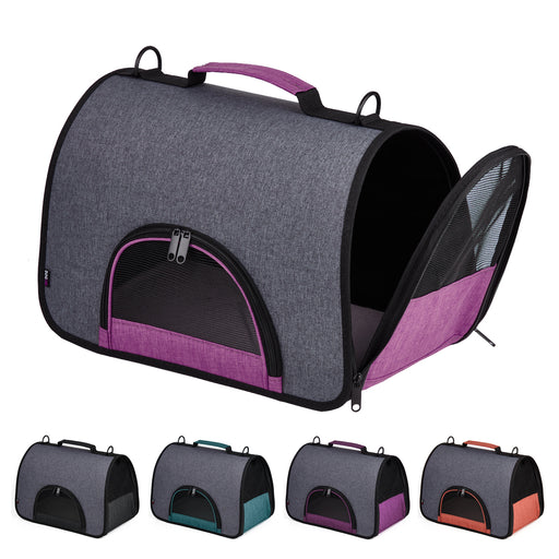 Pet carrier bag with removable shoulder strap and ventilated mesh screens, pink, back, teal, purple and orange color options