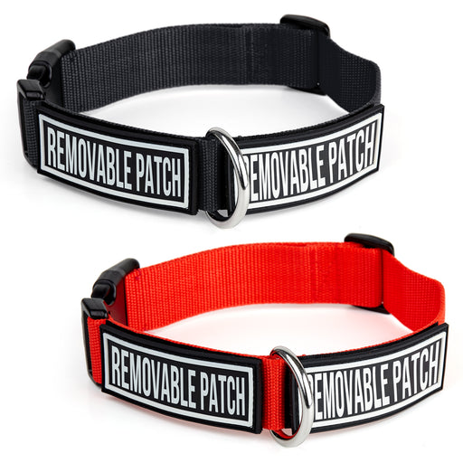 Nylon collar for dogs with hook and loop fastener to attach patches, quick release buckle and metal D-ring, two different colors