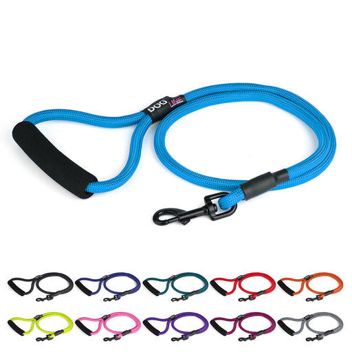 Round nylon leash for dogs with padded handle and black snap hook, 11 color options