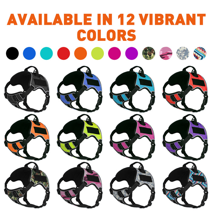 No pull harnesses for dogs with handle and hook and loop fastener for patches, 11 colors available