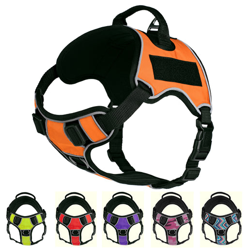 Multipurpose harness for dogs with top handle, loop backing fastener for patches, and adjustable straps, made from Neoprene, orange, green, red, purple, pink camo, Aztec and 5 other color options