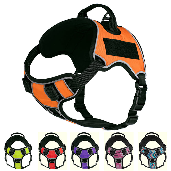 Multipurpose harness for dogs with top handle, loop backing fastener for patches, and adjustable straps, made from Neoprene, orange, green, red, purple, pink camo, Aztec and 5 other color options