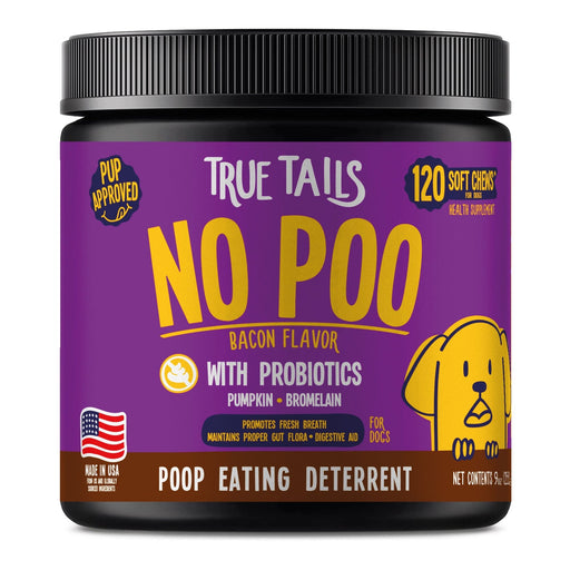 True Tails soft chews for dogs, poop eating detergent with probiotics to promote fresh breath and healthy eating habits, bacon flavor