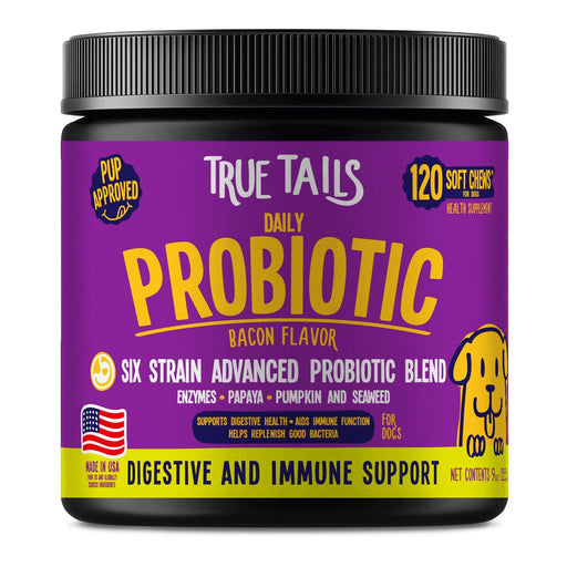 True Tails soft chews for dogs with probiotic blend to support digestive and immune systems, bacon flavor