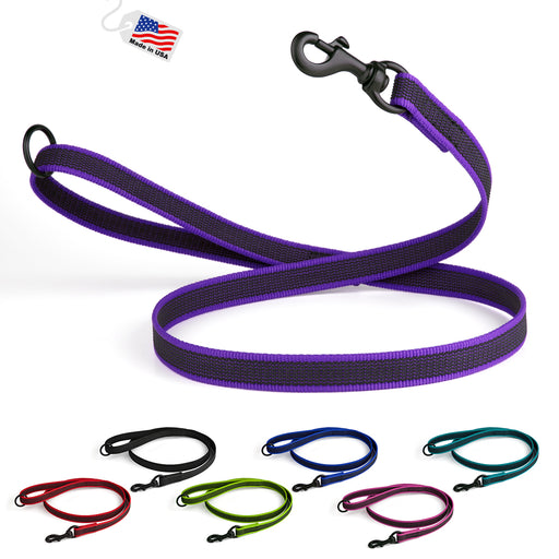 Rubberized nylon leash for dogs with handle and black snap hook, seven color options