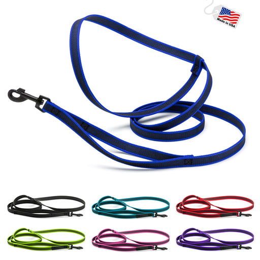 Rubberized nylon leash for dogs with traffic handle and adjustable hands-free handle, seven color options