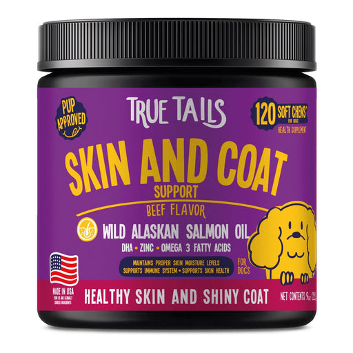 True Tails soft chews for dogs to support healthy skin and coat with wild Alaskan salmon oil, beef flavor