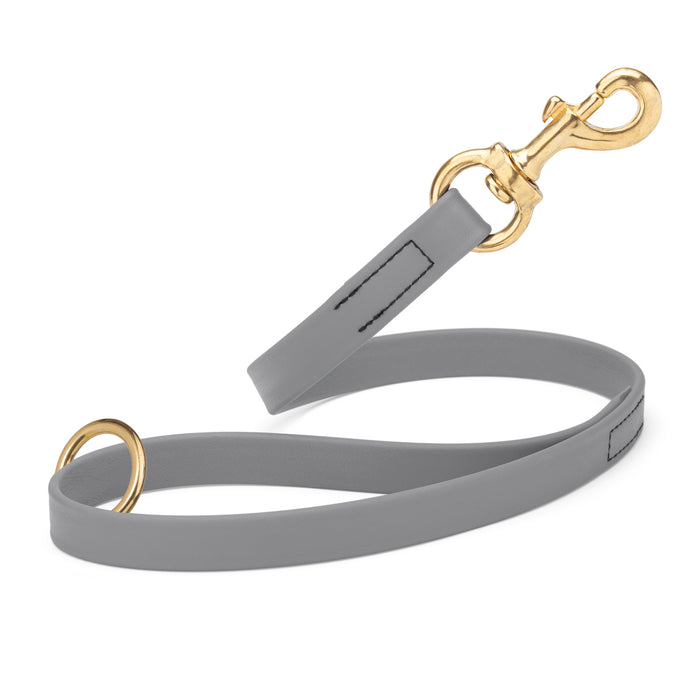 Battleship Gray traffic dog leash with brass snap hook and O-ring, made from waterproof Biothane