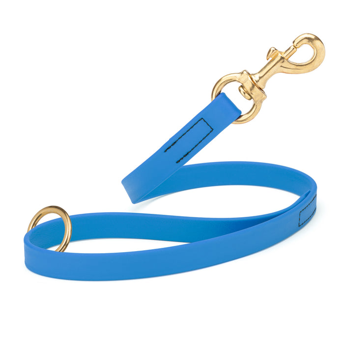 Cerulean Blue traffic dog leash with brass snap hook and O-ring, made from waterproof Biothane