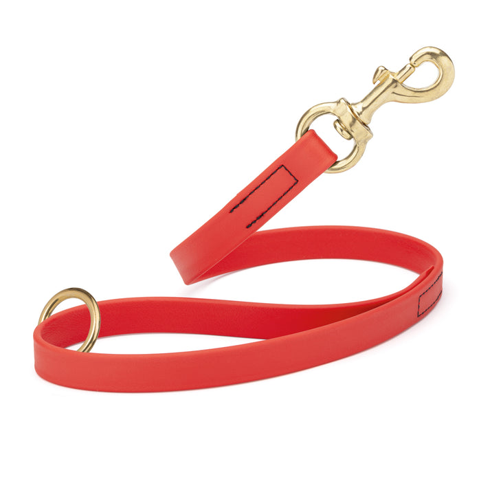 Cherry Red traffic dog leash with brass snap hook and O-ring, made from waterproof Biothane