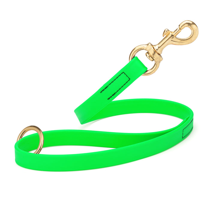 Tropical Green traffic dog leash with brass snap hook and O-ring, made from waterproof Biothane