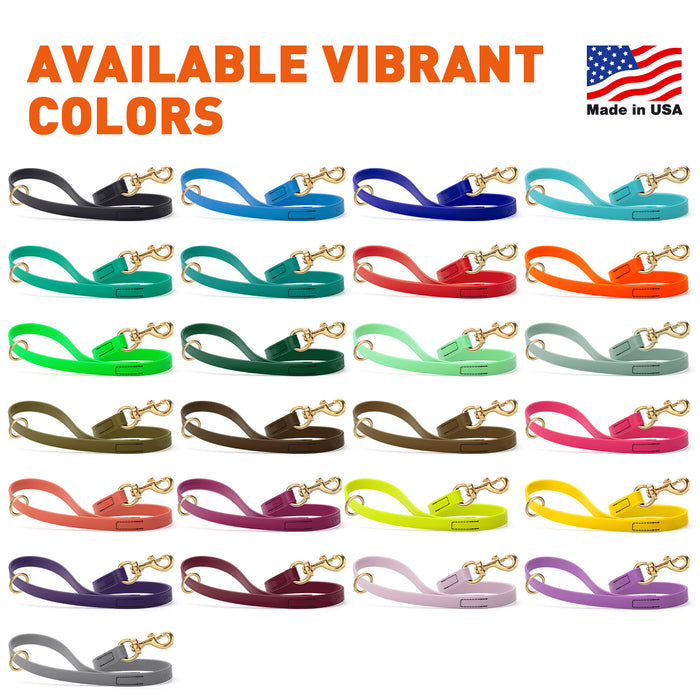 Biothane traffic leashes for dogs with brass hardware are available in 26 colors