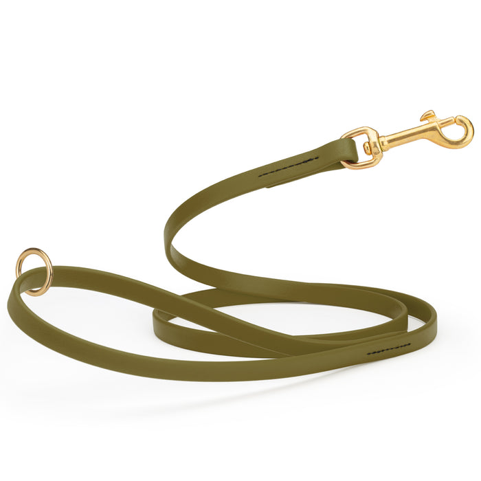 Olive Drab Green Biothane dog leash with brass hardware, waterproof, 1/2 inches wide