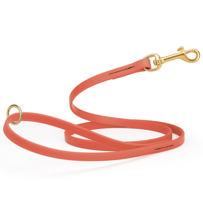 Coral Biothane dog leash with brass hardware, waterproof, 1/2 inches wide