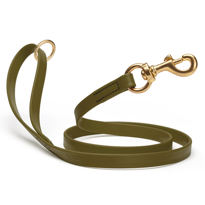 Waterproof dog leash with brass hardware, made from Biothane, 5/8 or 3/4 inches wide, Olive Drab Green