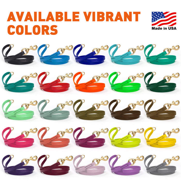 Biothane dog leashes with brass hardware are available in 26 colors
